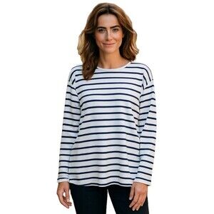 GAP Womens Size XXL White & Navy Blue Soft Slub Scoop Neck Long Sleeve T-Shirt